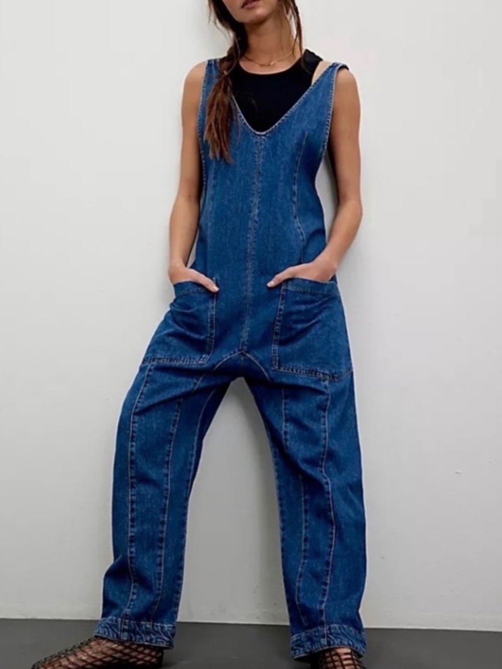 Free People We The Free High Roller denim overalls jumpsuit pockets scoop neck L